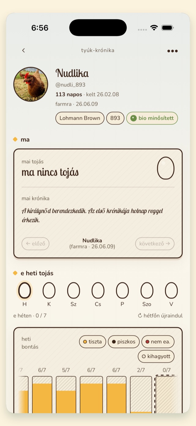 A tyúk-krónika képernyő az appban, Nudlika napi bejegyzése