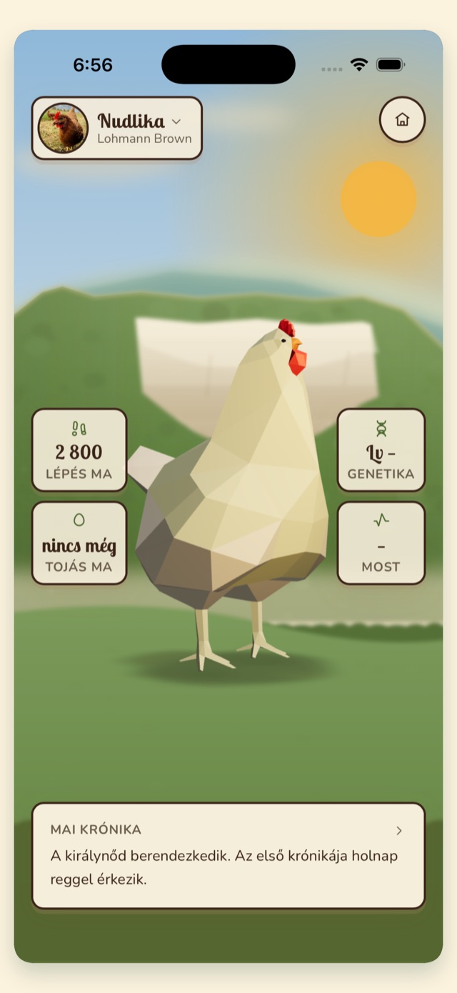 A Remény Farm app főképernyője, Nudlika tyúk lépés- és tojásadatokkal